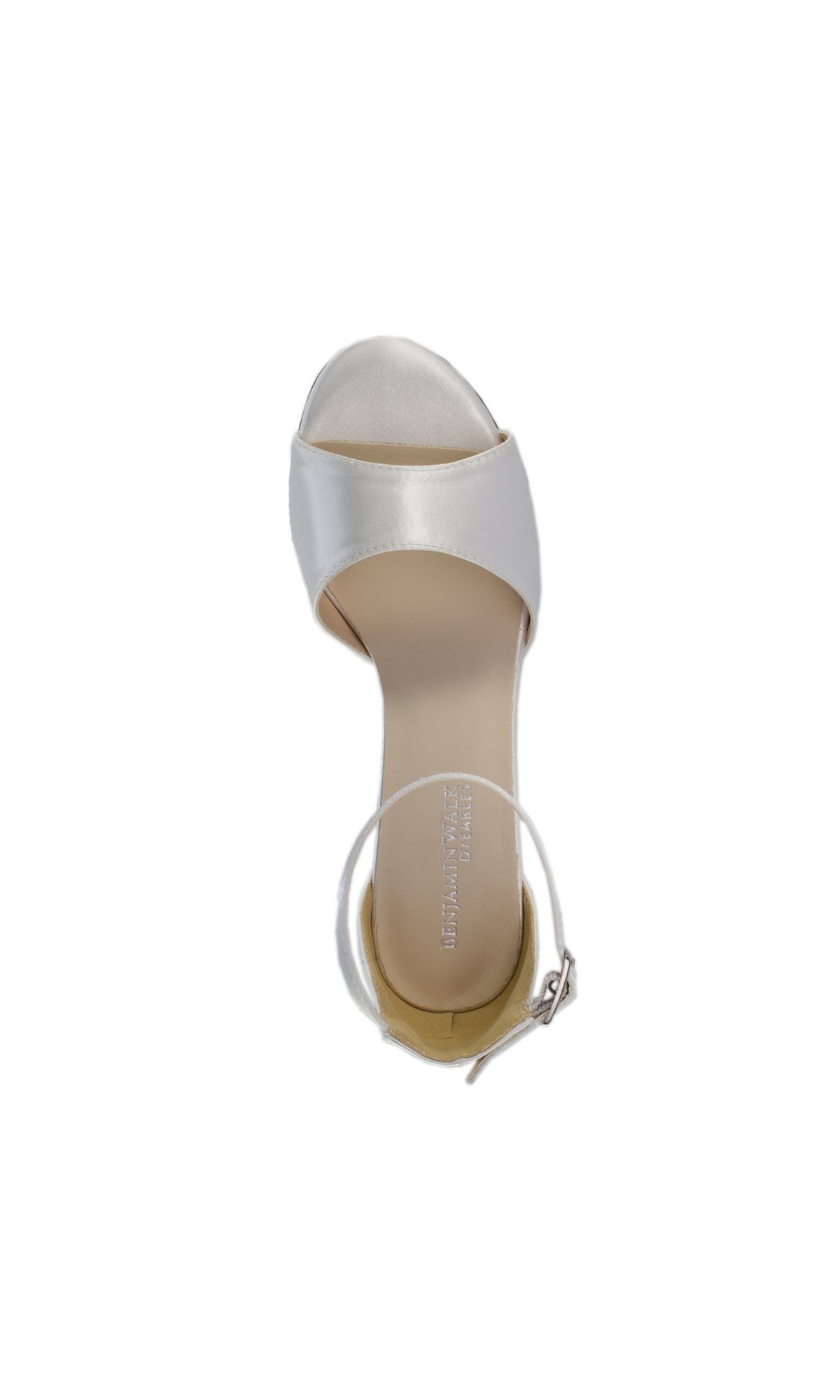 The White Amaya Block-Heel Prom Shoes (Dyeables 4496) are elegant white open-toe sandals with a stylish ankle strap and block heel, shown from above on a plain background—ideal for prom.